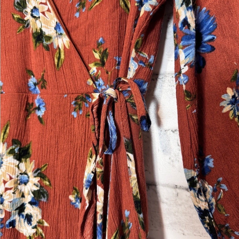 Altar'd State Rust Floral Wrap Mini Dress 3/4 Sleeve Ruffle Hem Small - Picture 2 of 12